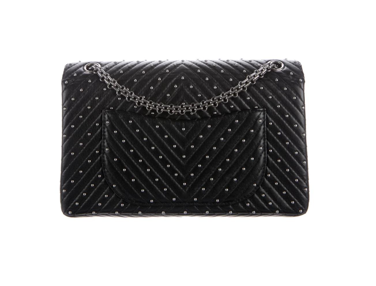 Chanel Black Leather Silver Stud Medium Evening Shoulder Double Flap Bag In Good Condition In Chicago, IL