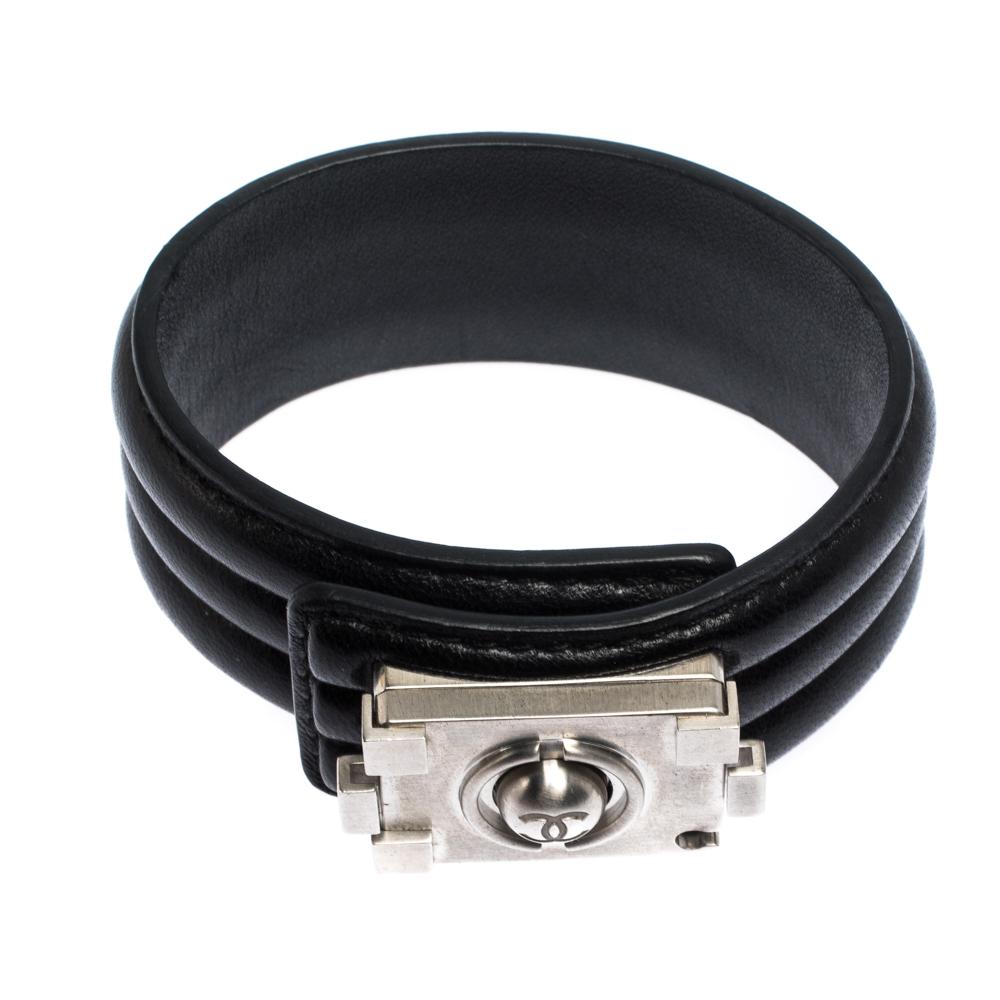 Chanel Black Leather Silver Tone Boy Bracelet M 1