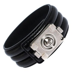 Chanel Black Leather Silver Tone Boy Bracelet M