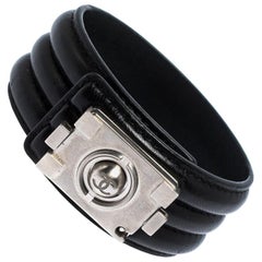 Chanel Black Leather Silver Tone Boy Bracelet M