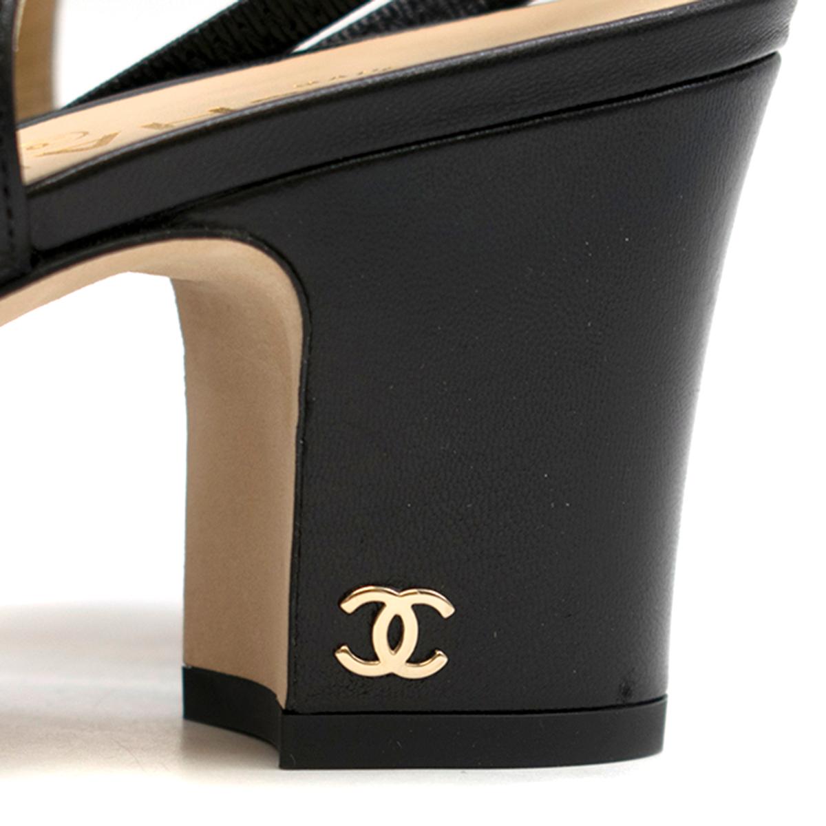 Chanel Black Leather Slingback Block Heels 39.5 In New Condition In London, GB