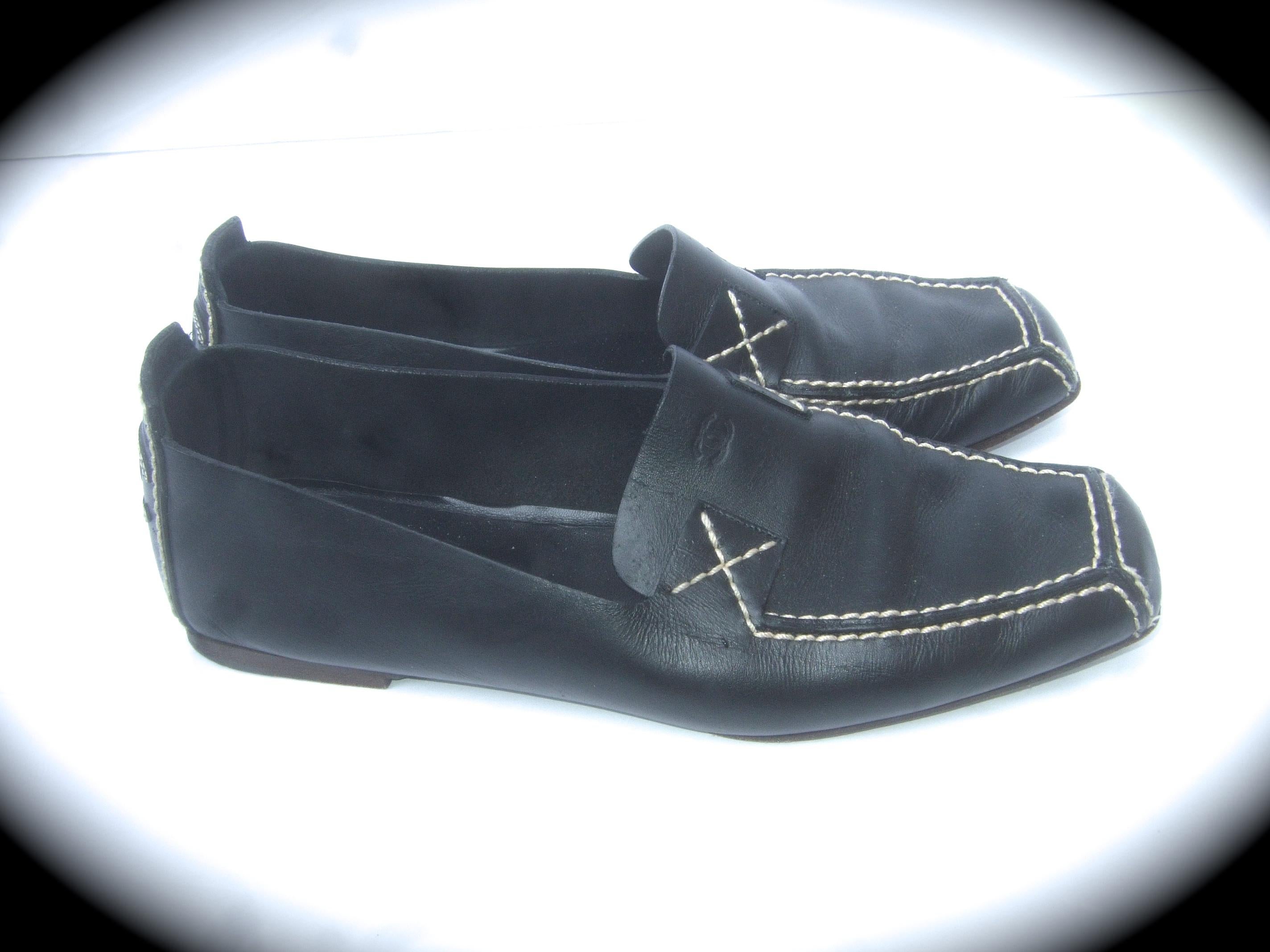 Chanel Black Leather Slip On Italian Low Heel Flats Size 38.5 c 1990s 2