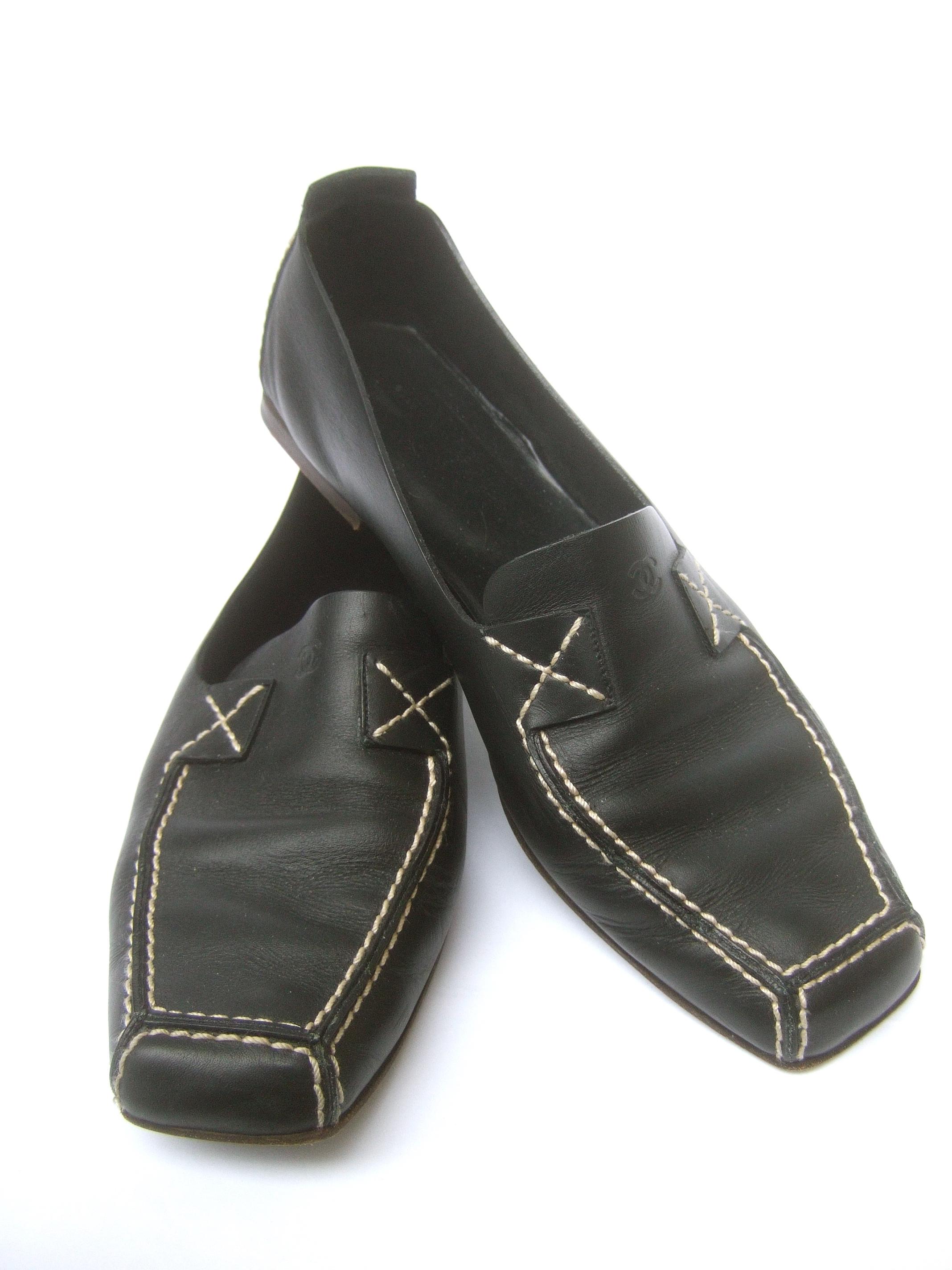 Chanel Black Leather Slip On Italian Low Heel Flats Size 38.5 c 1990s 3