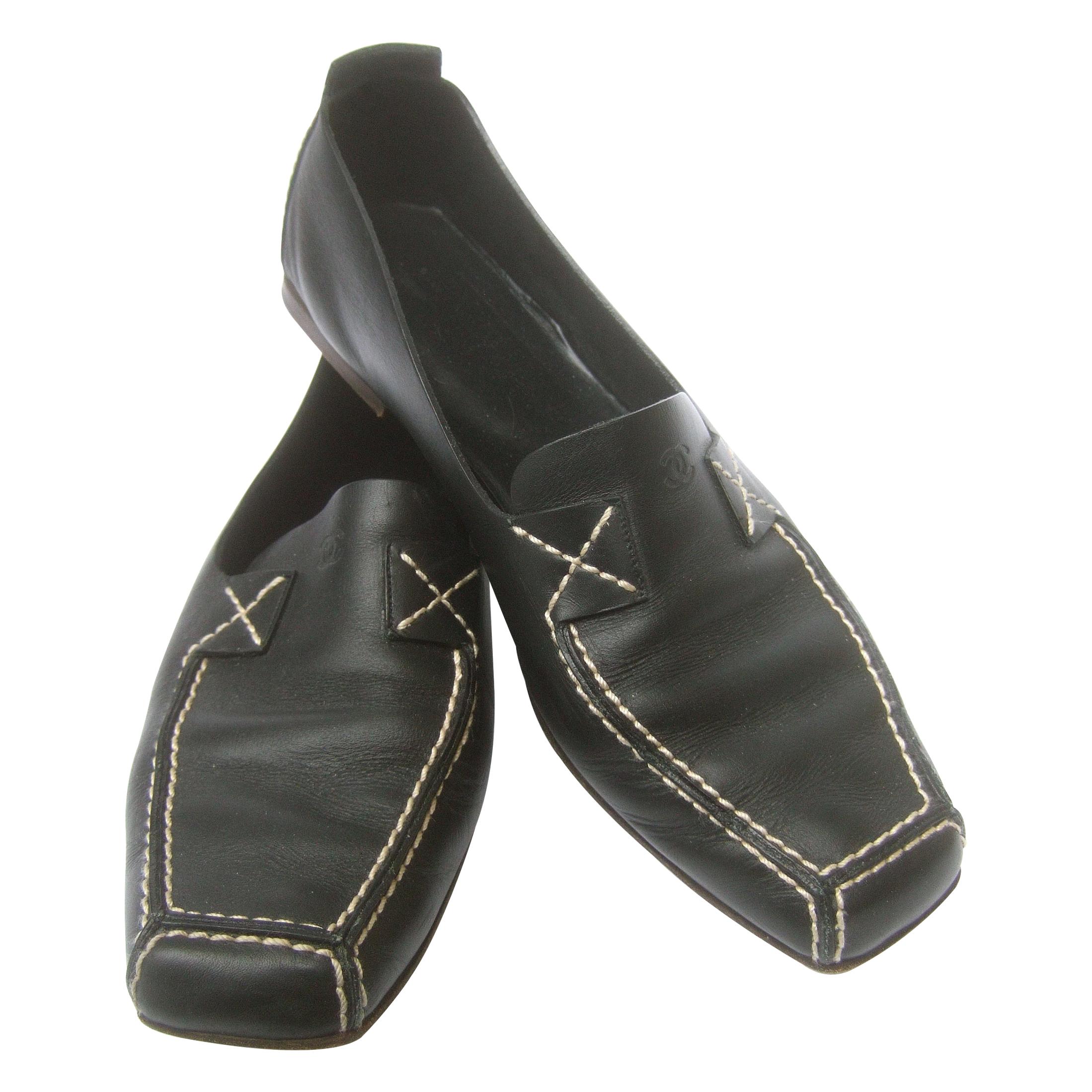Chanel Black Leather Slip On Italian Low Heel Flats Size 38.5 c 1990s