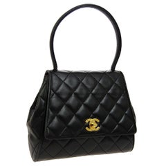 Retro Chanel Black Leather Small Mini Kelly Style Evening Top Handle Satchel  Flap Bag