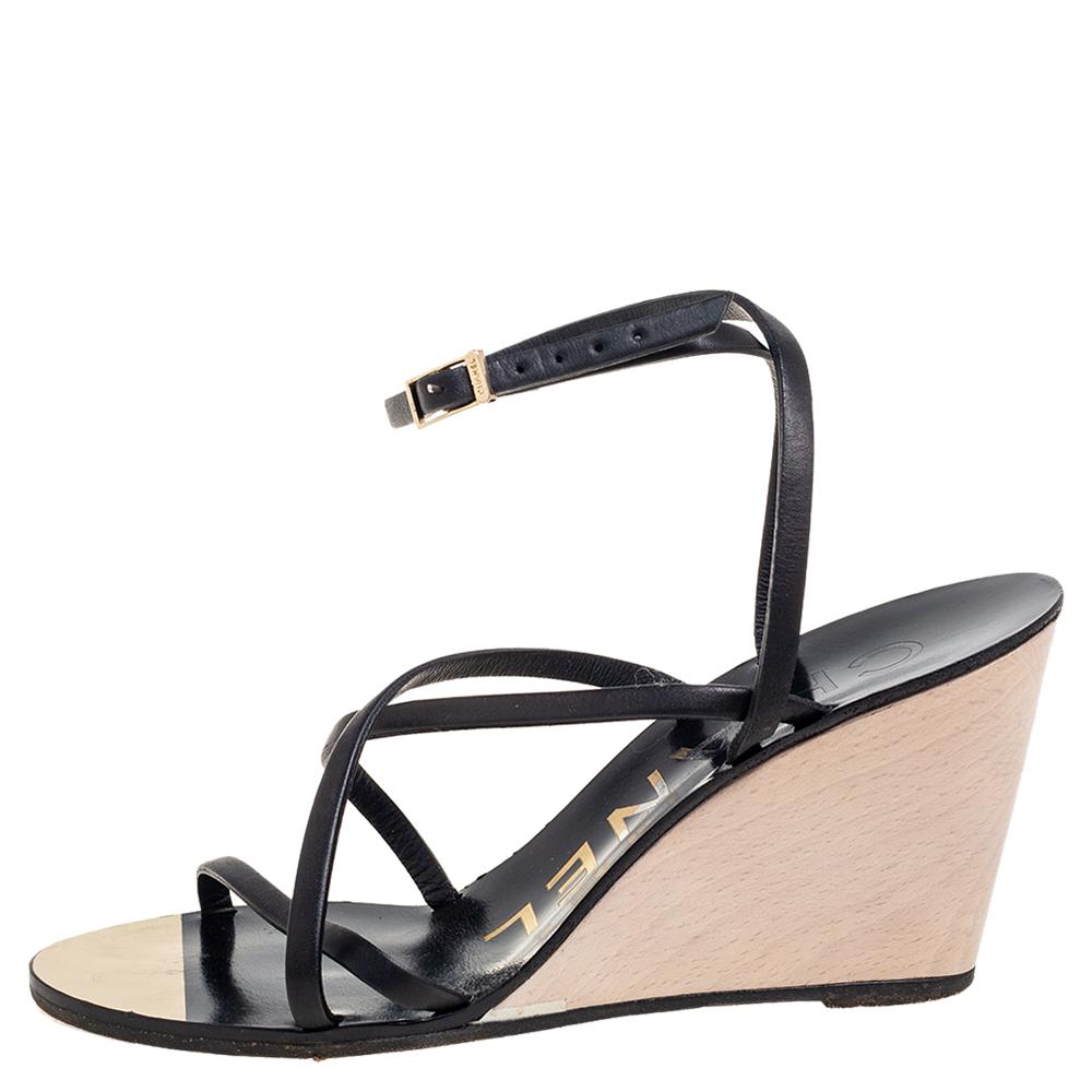 Chanel Black Leather Strappy Ankle Wedge Sandals Size 36 1