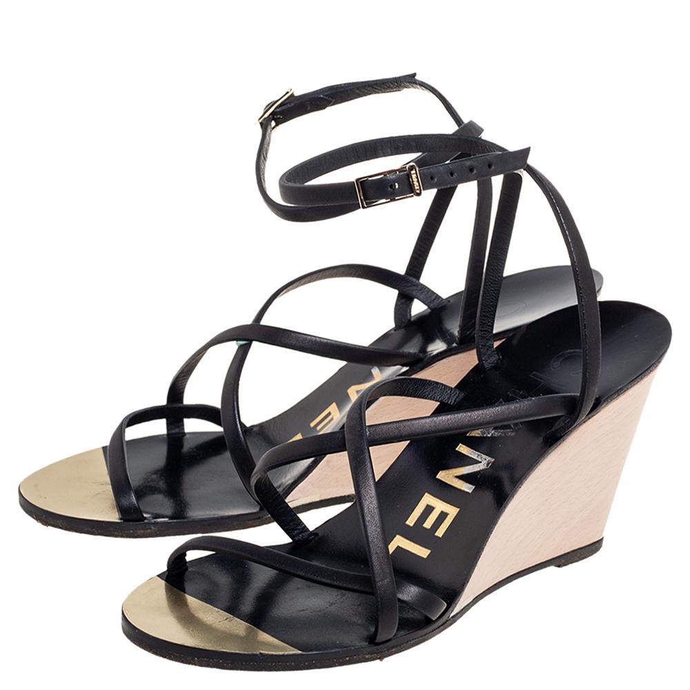 Chanel Black Leather Strappy Ankle Wedge Sandals Size 36 2