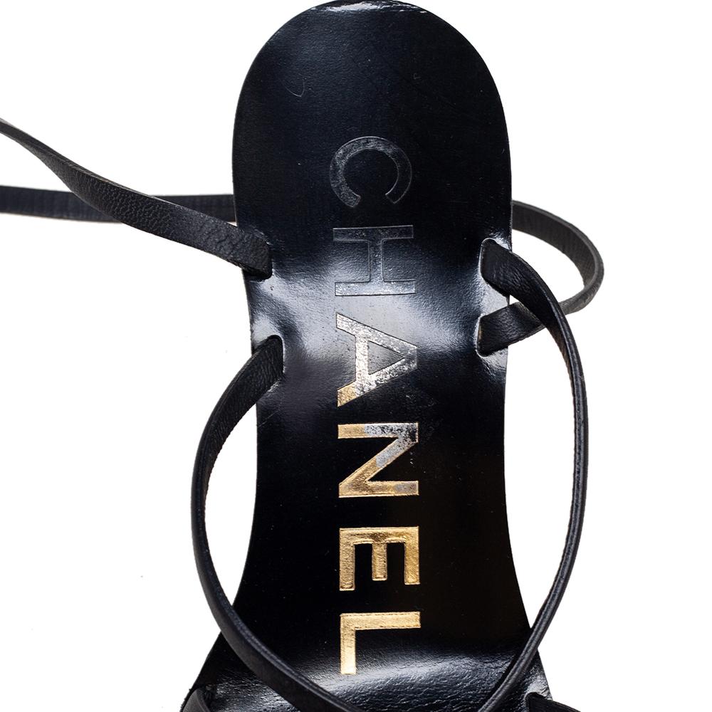 Chanel Black Leather Strappy Ankle Wedge Sandals Size 36 3