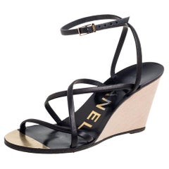 Chanel Black Leather Strappy Ankle Wedge Sandals Size 36