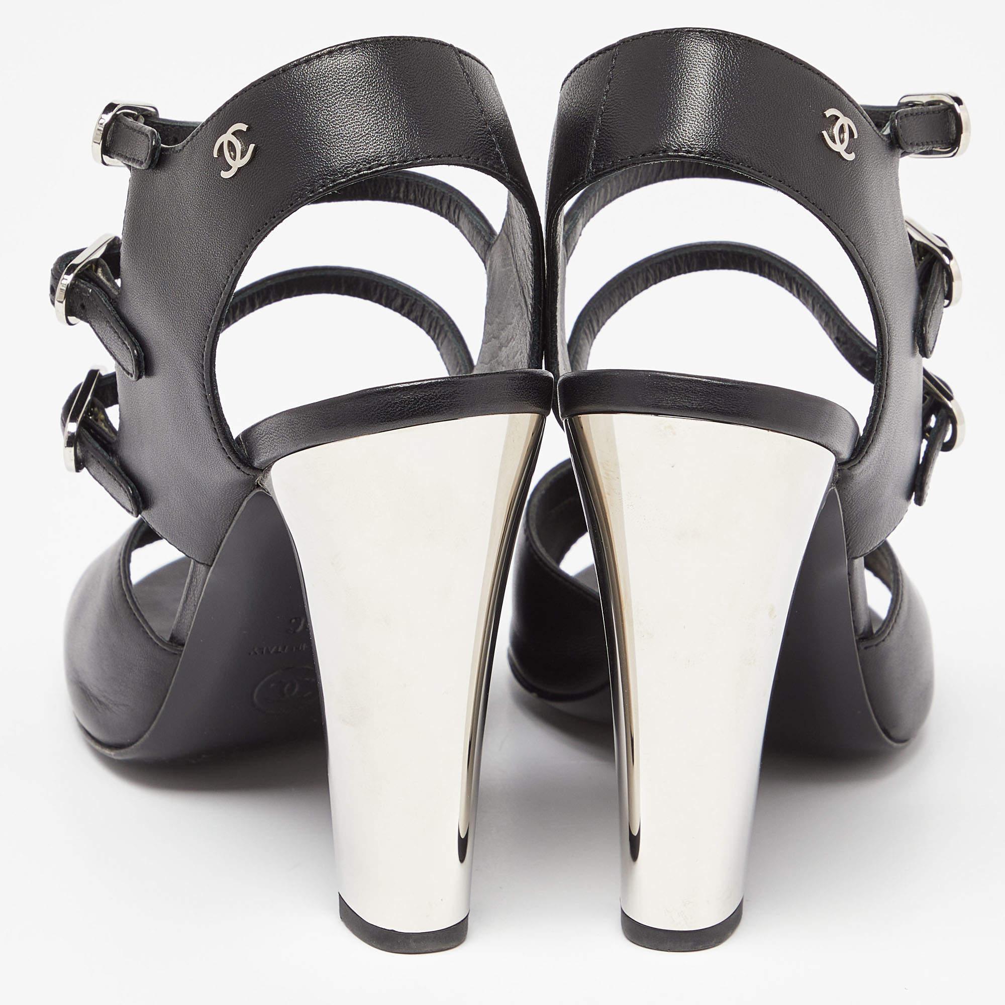 Chanel Black Leather Strappy Buckle Sandals Size 39 2