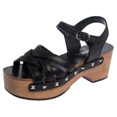 Used Chanel Black Leather Strappy Wooden Platform Sandals Size 37