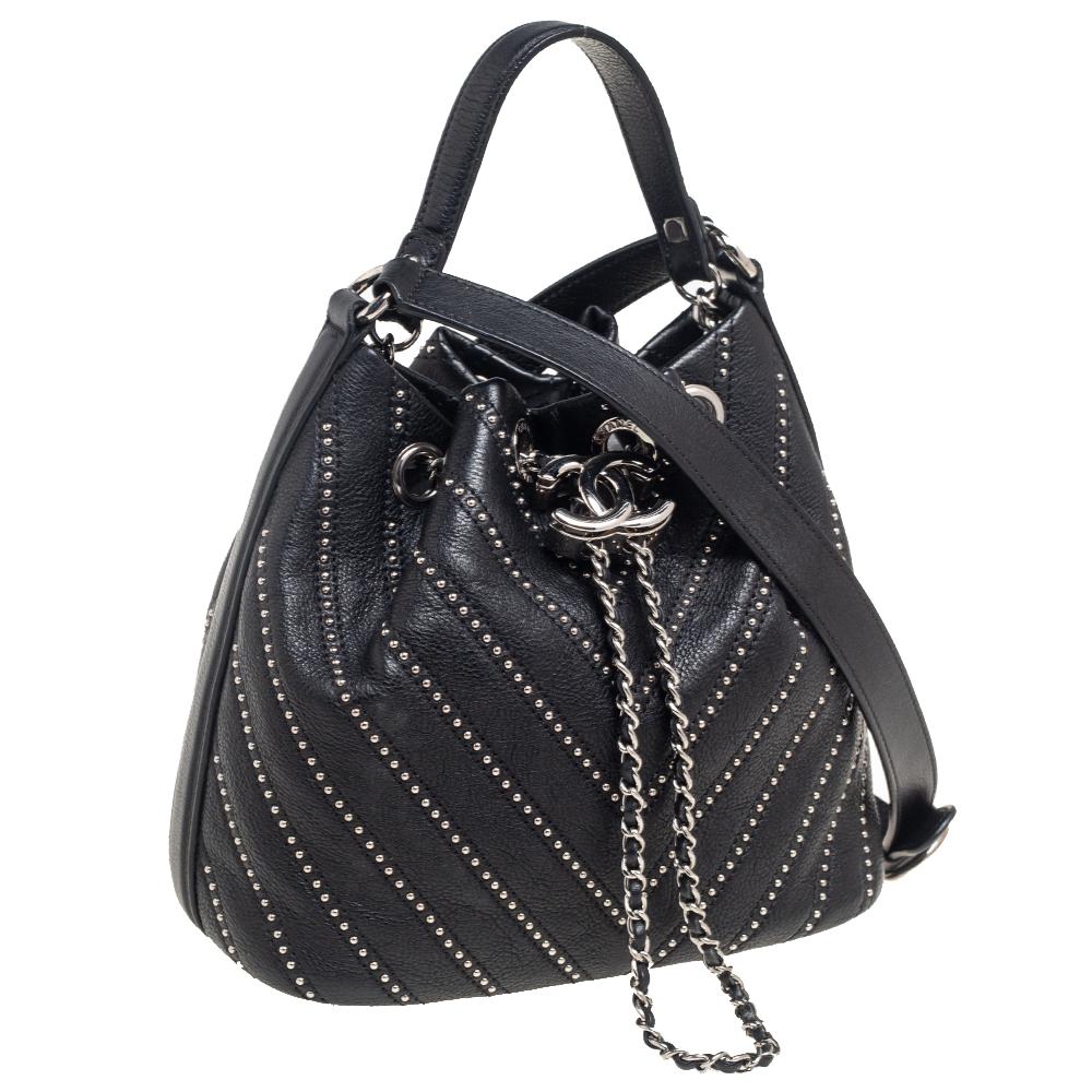 Women's Chanel Black Leather Stud Wars Small Drawstring Shoulder Bag