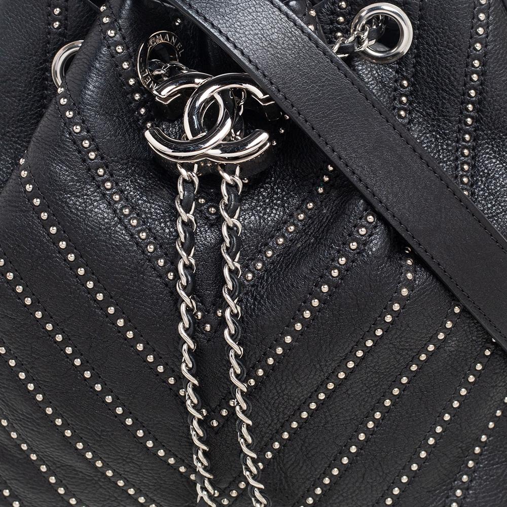 Chanel Black Leather Stud Wars Small Drawstring Shoulder Bag 2