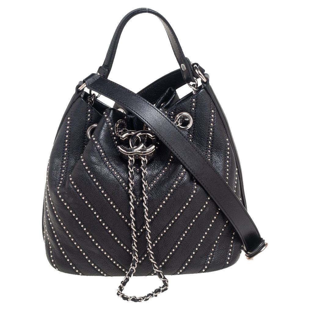 Chanel Black Leather Stud Wars Small Drawstring Shoulder Bag at 1stDibs