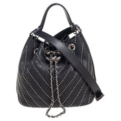 Chanel Black Leather Stud Wars Small Drawstring Shoulder Bag