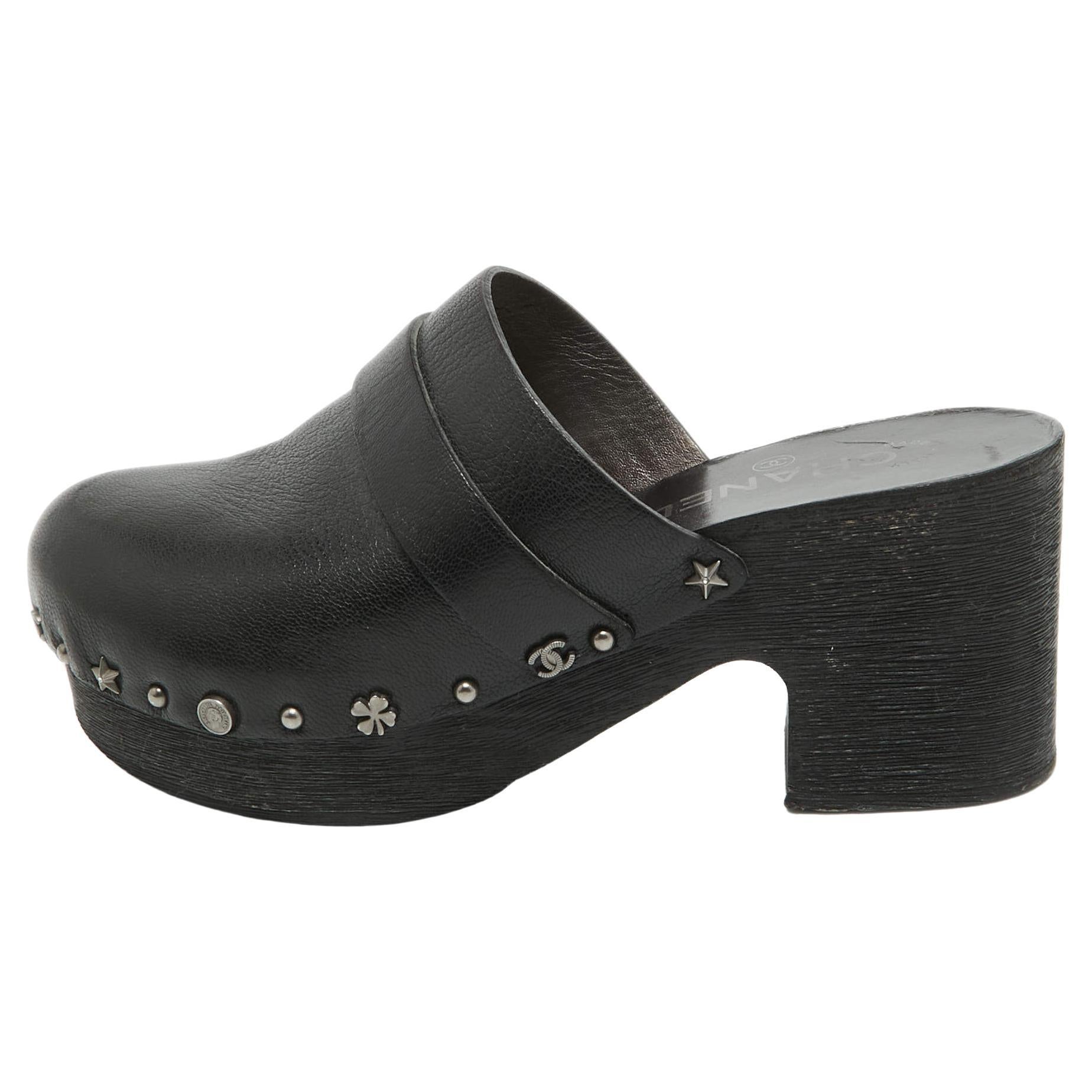 Chanel Black Leather Studded Platform Clogs Size 37 For Sale