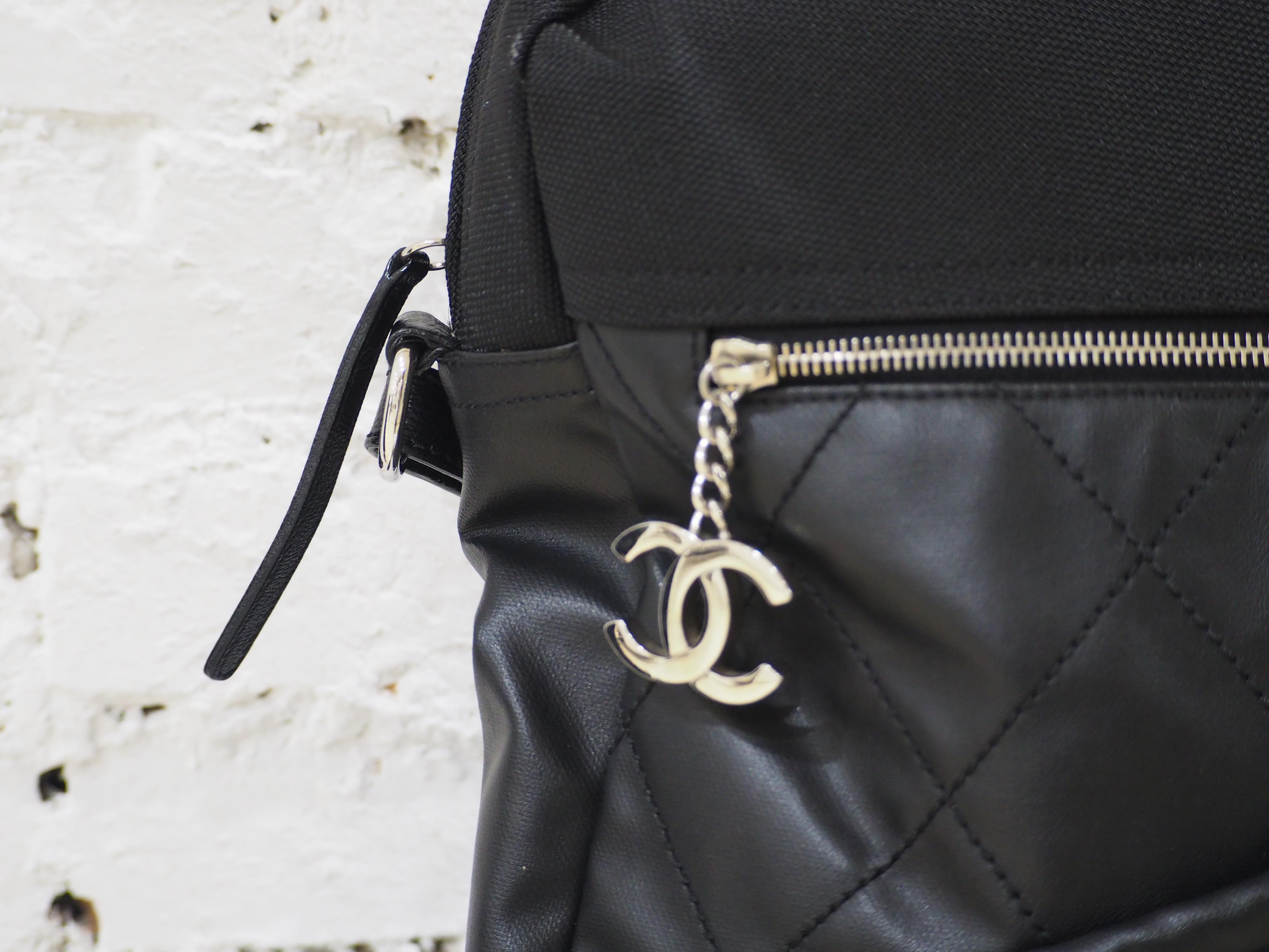 Black Chanel black leather textile shoulder bag / backpack For Sale