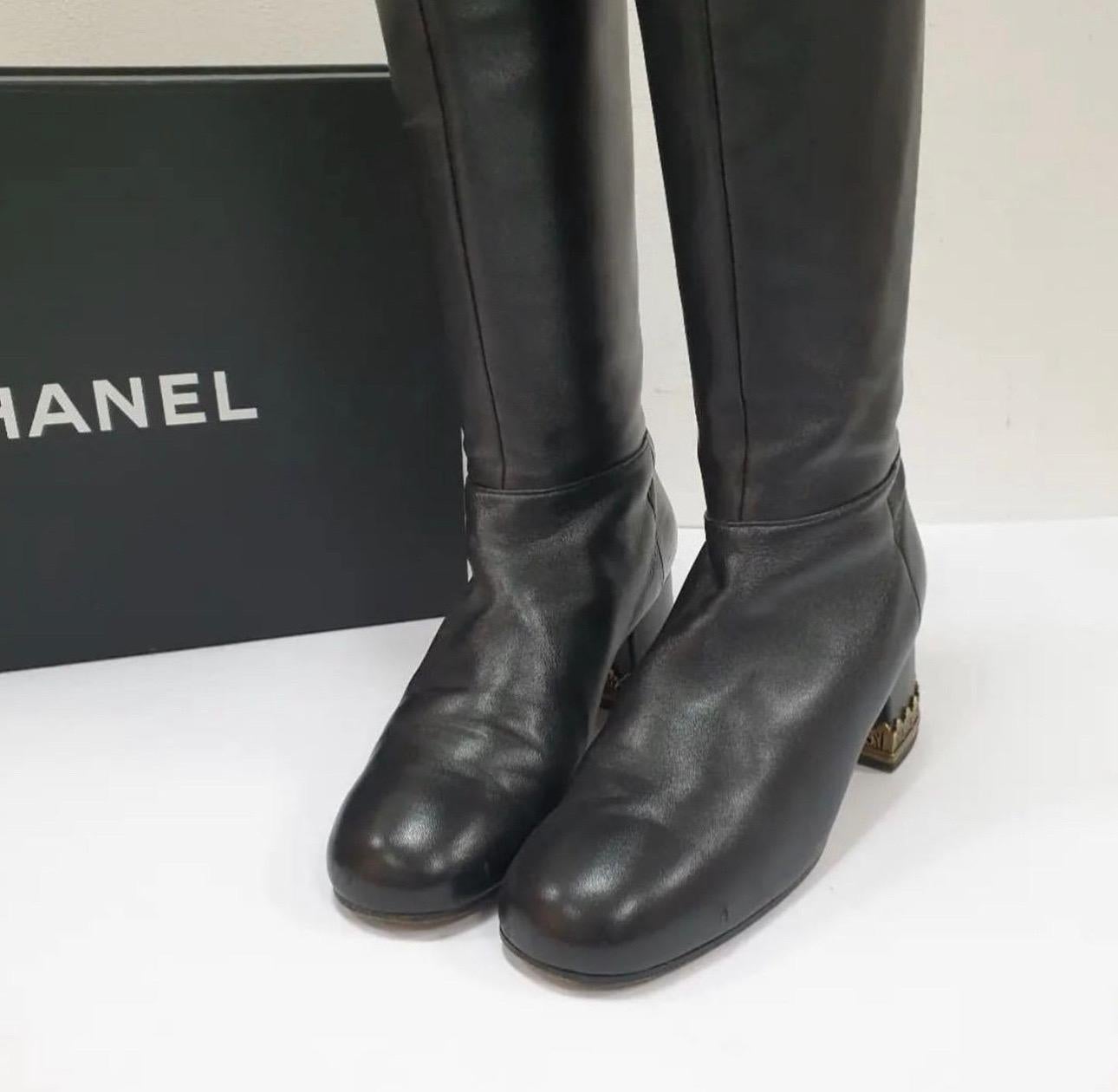 Women's Chanel Black Leather Thigh High Over The Knee Boots For Sale
