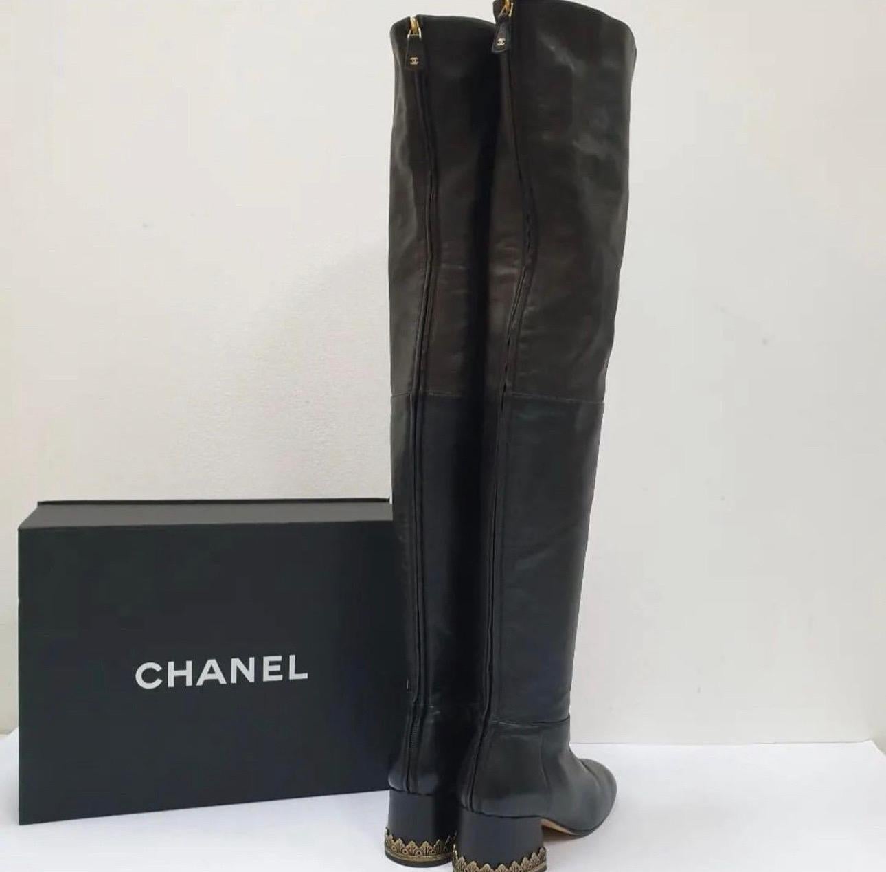 Chanel Black Leather Thigh High Over The Knee Boots For Sale 1