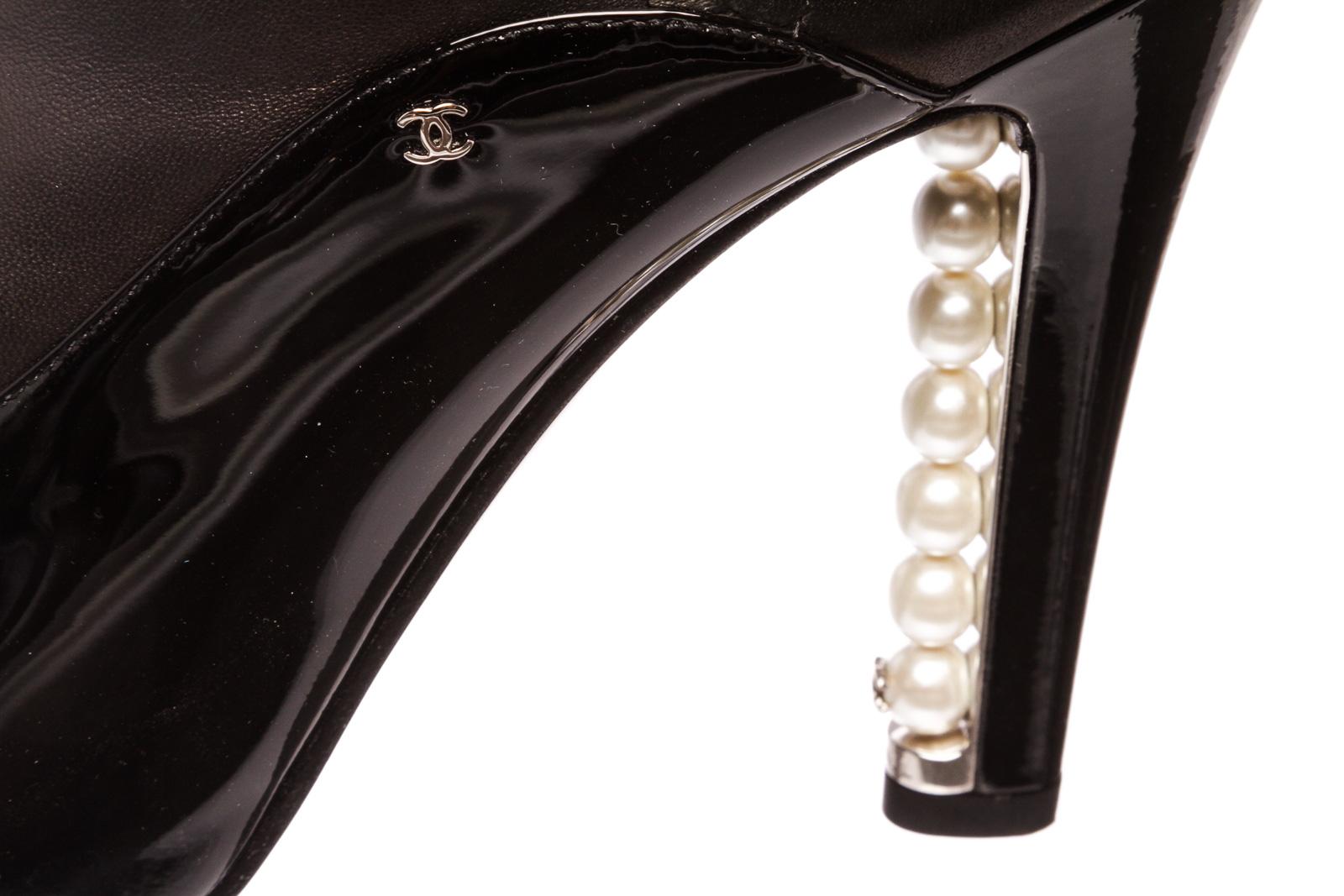 Chanel Schwarz Leder Oberschenkelhohe Perlenabsatz Stiefel Heels 38.5 6