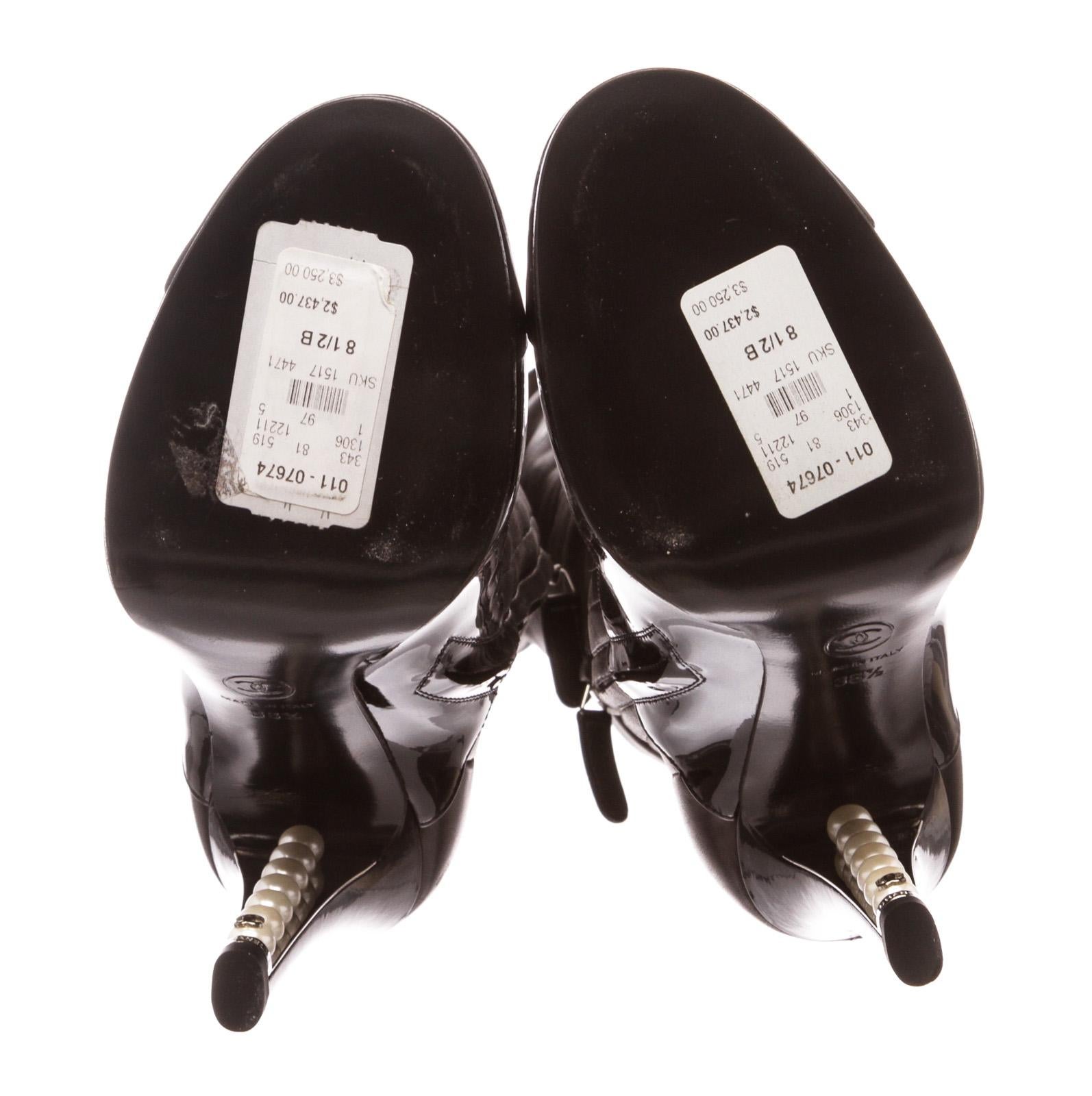 Chanel Schwarz Leder Oberschenkelhohe Perlenabsatz Stiefel Heels 38.5 2