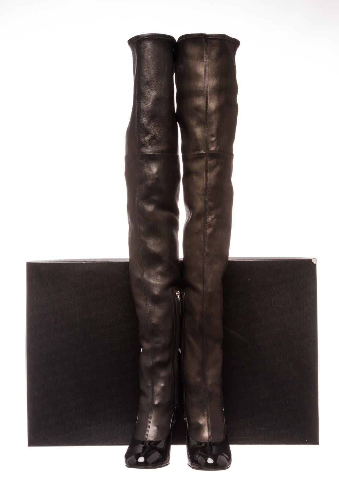 Chanel Schwarz Leder Oberschenkelhohe Perlenabsatz Stiefel Heels 38.5 3