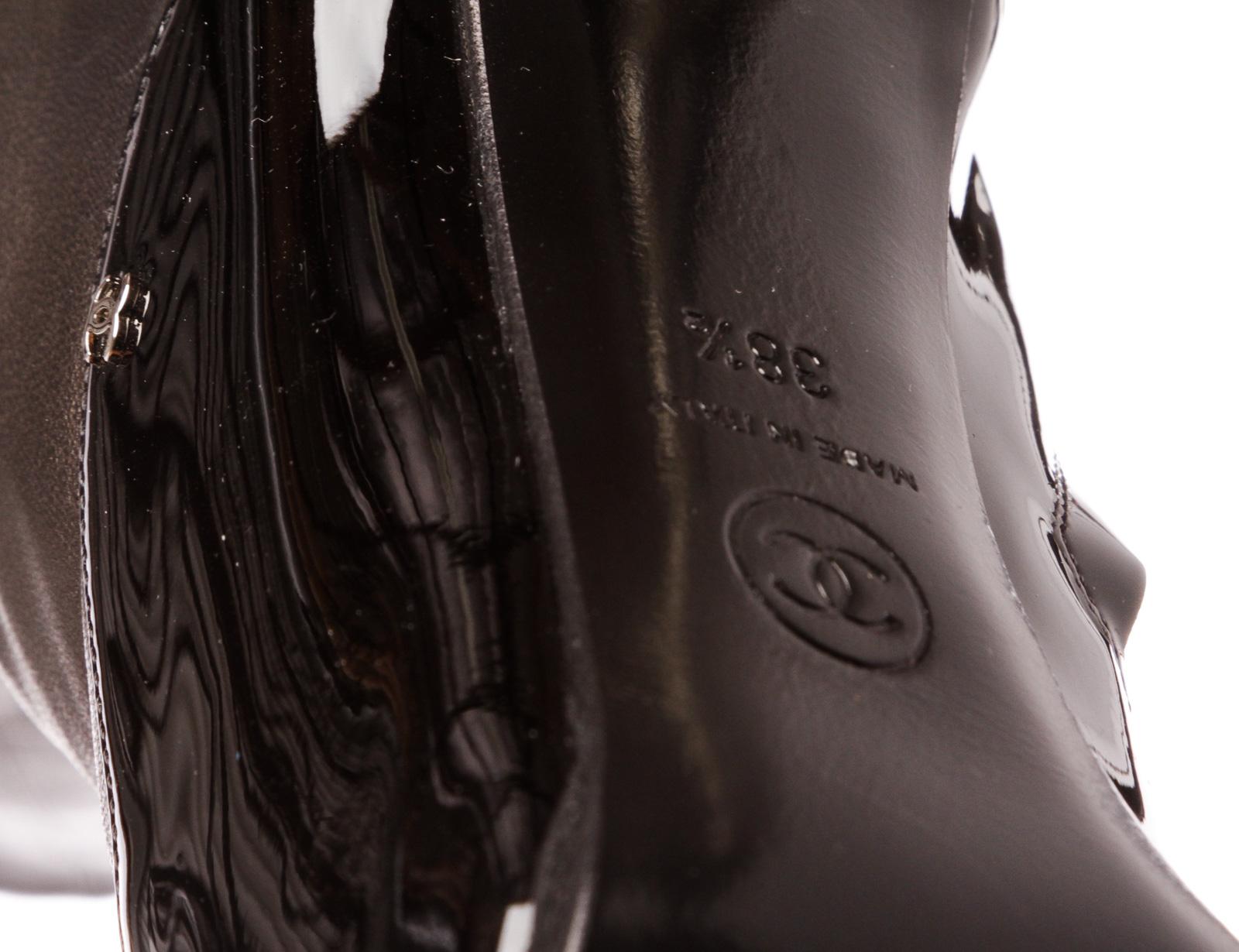 Chanel Schwarz Leder Oberschenkelhohe Perlenabsatz Stiefel Heels 38.5 5