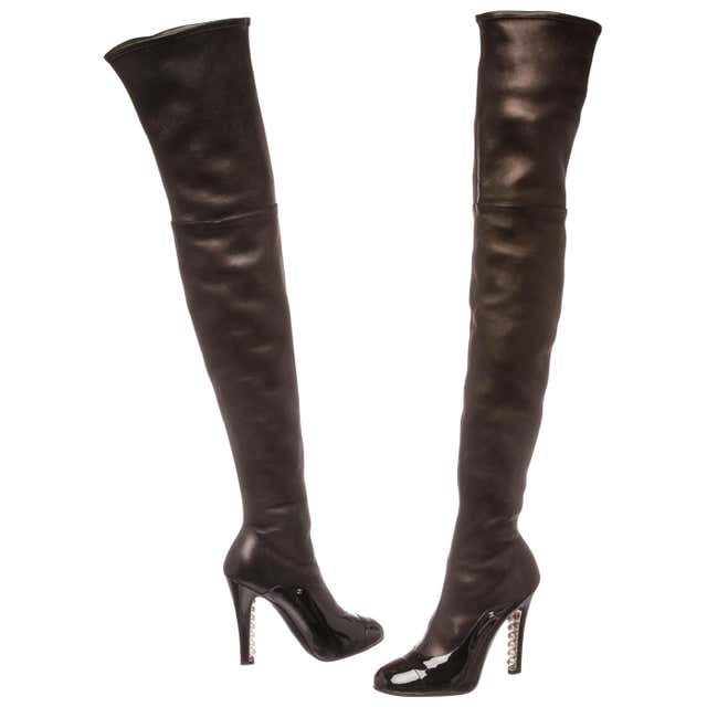 Chanel Black Leather Thigh-High Pearl Heel Boots Heels 38.5 at 1stDibs