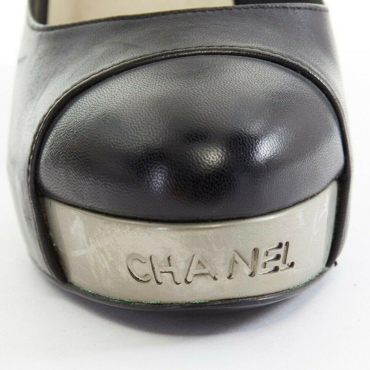 CHANEL black leather toe cap logo debossed metal plate platform chunky pump EU37 In Excellent Condition In Hong Kong, NT