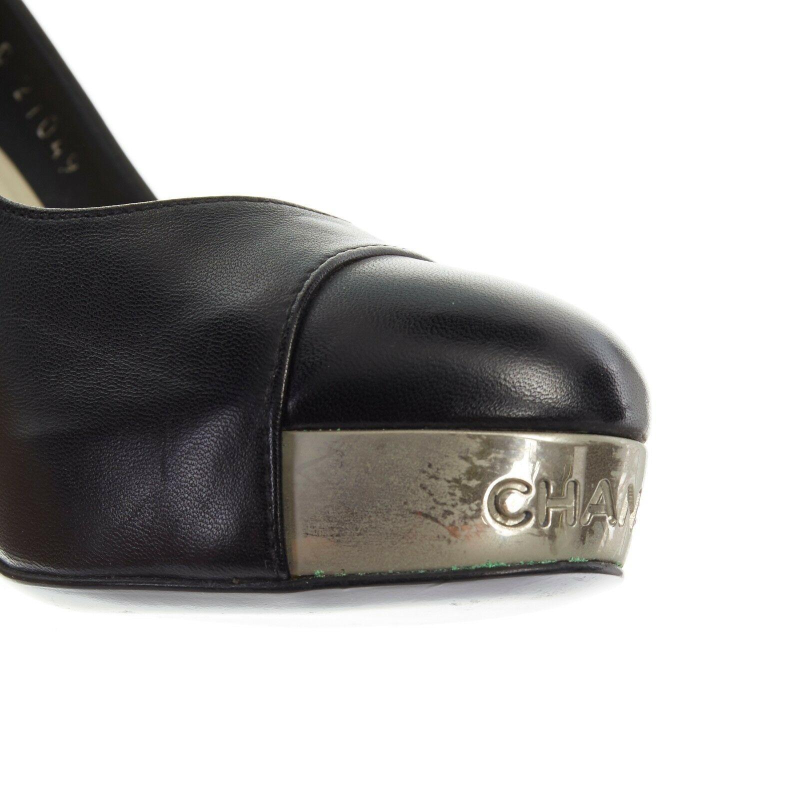 CHANEL black leather toe cap logo debossed metal plate platform chunky pump EU37 1