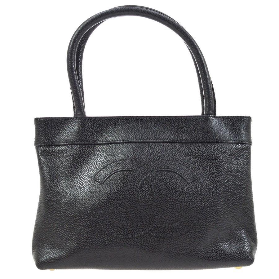 Chanel Black Leather Top Handle Satchel Shoulder Travel Shopper Tote Bag
