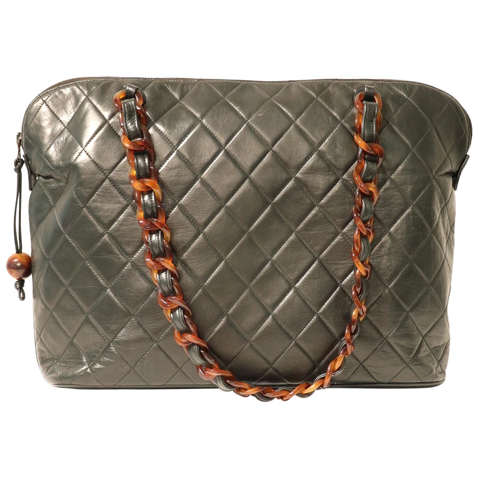 Vintage Chanel Black Quilted Leather Flat Shoulder Tote Bag at 1stDibs