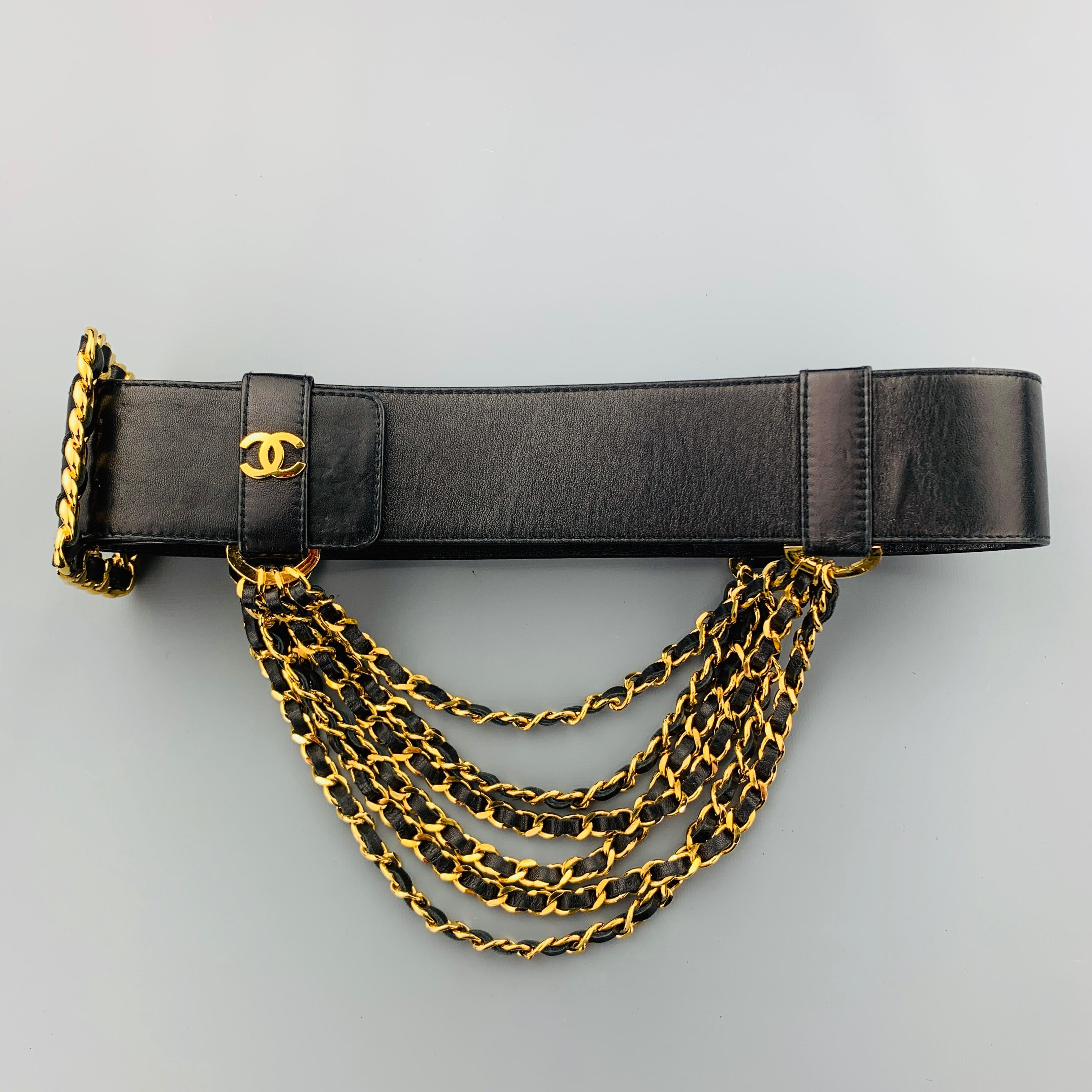 Women's CHANEL Black Leather Triple Gold Tone Woven Chain Drop Side Belt Season 26