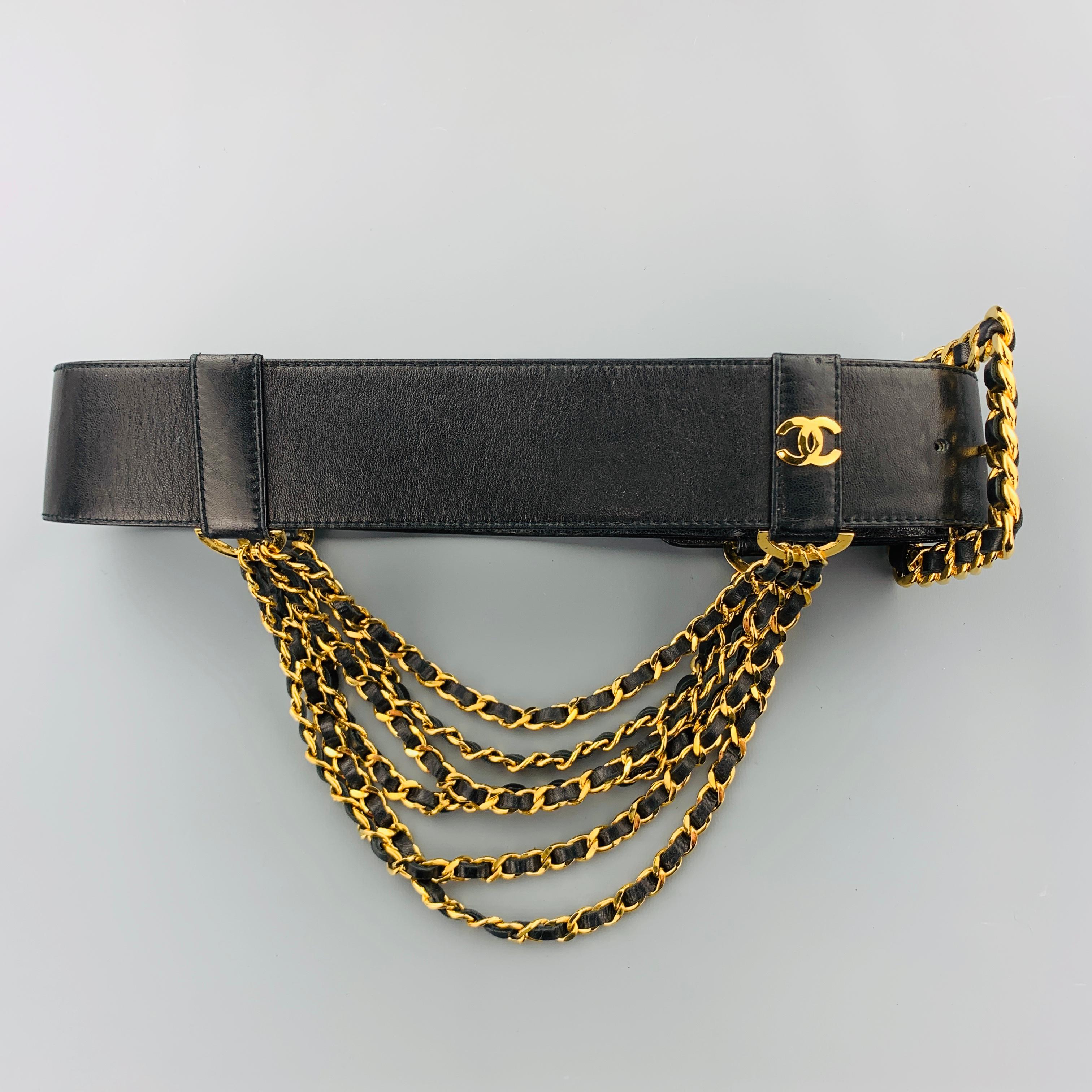 CHANEL Black Leather Triple Gold Tone Woven Chain Drop Side Belt Season 26 1