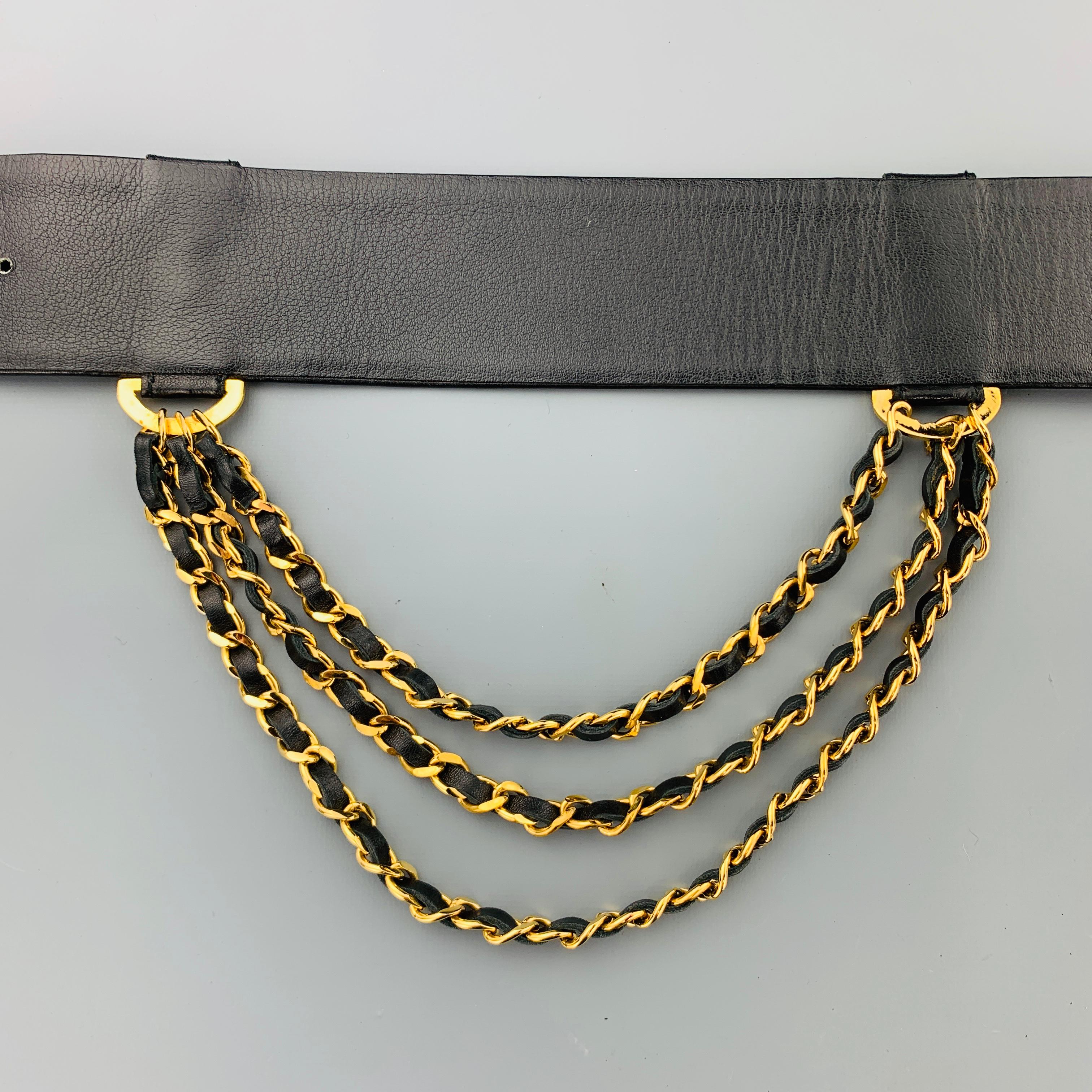 CHANEL Black Leather Triple Gold Tone Woven Chain Drop Side Belt Season 26 2