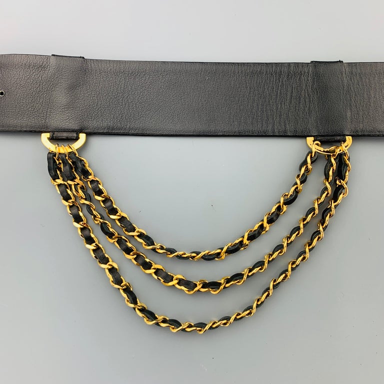 CHANEL Black Leather Triple Gold Tone Woven Chain Drop Side Belt Season