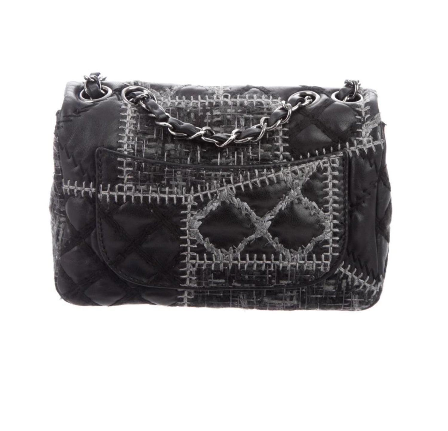 Chanel Black Leather Tweed Gunmetal Small Evening Shoulder Flap Bag For  Sale at 1stDibs