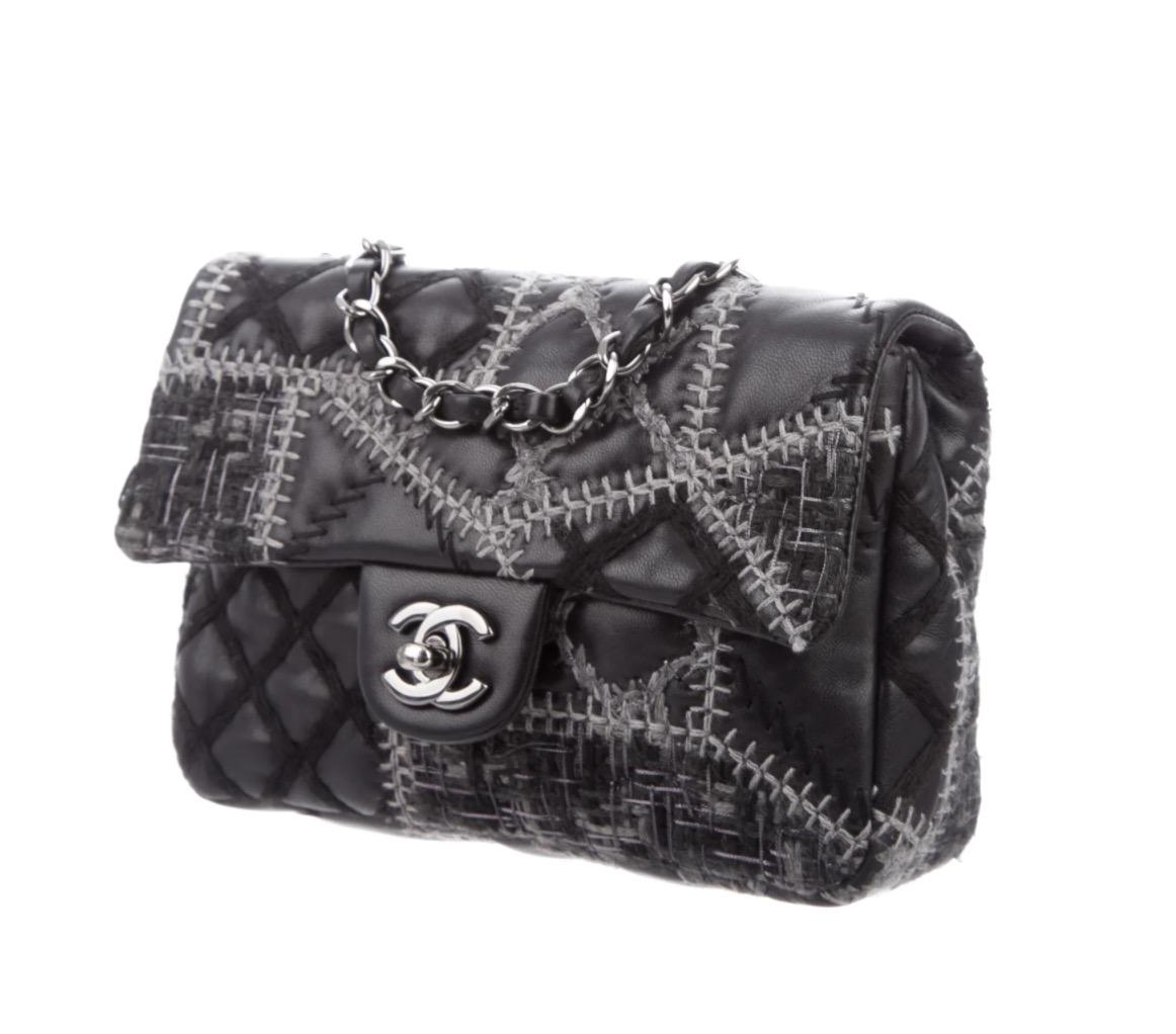 Chanel Black Leather Tweed Gunmetal Small Evening Shoulder Flap Bag In Good Condition In Chicago, IL