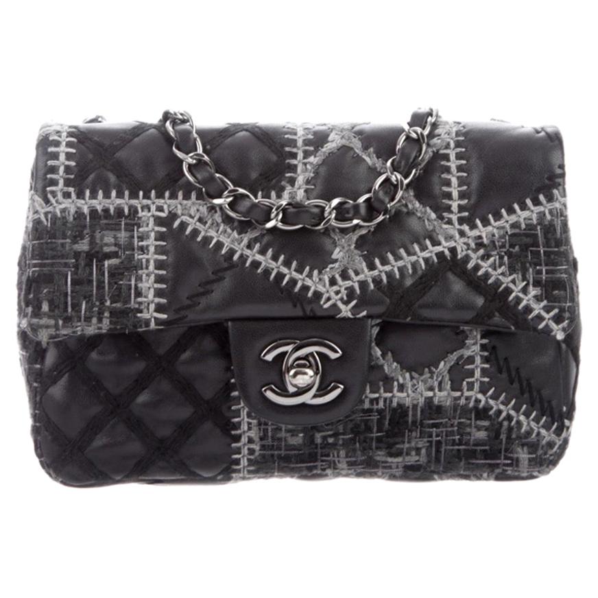 Chanel Black Leather Tweed Gunmetal Small Evening Shoulder Flap Bag