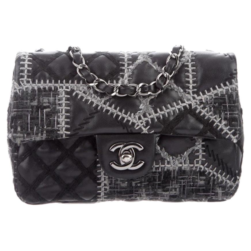 Chanel Black Leather Tweed Gunmetal Small Evening Shoulder Flap Bag For