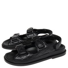Chanel Black Leather Velcro Flat Sandals Size 39.5