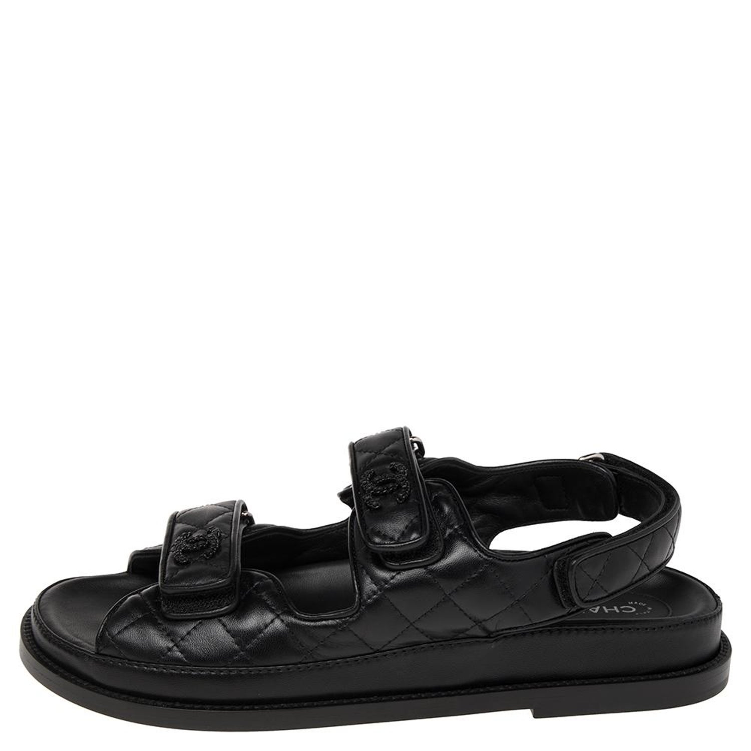 Chanel Black Leather Velcro Flat Sandals Size 39.5 at 1stDibs