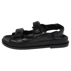 Chanel Black Leather Velcro Flat Sandals Size 39.5