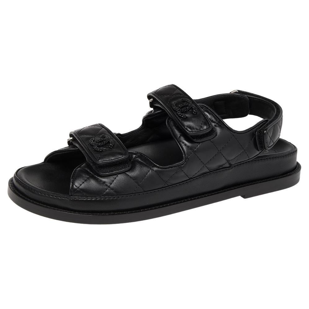 Chanel Black Leather Velcro Flat Sandals Size 39.5 at 1stDibs