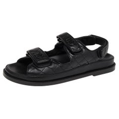 Chanel Black Leather Velcro Flat Sandals Size 39.5
