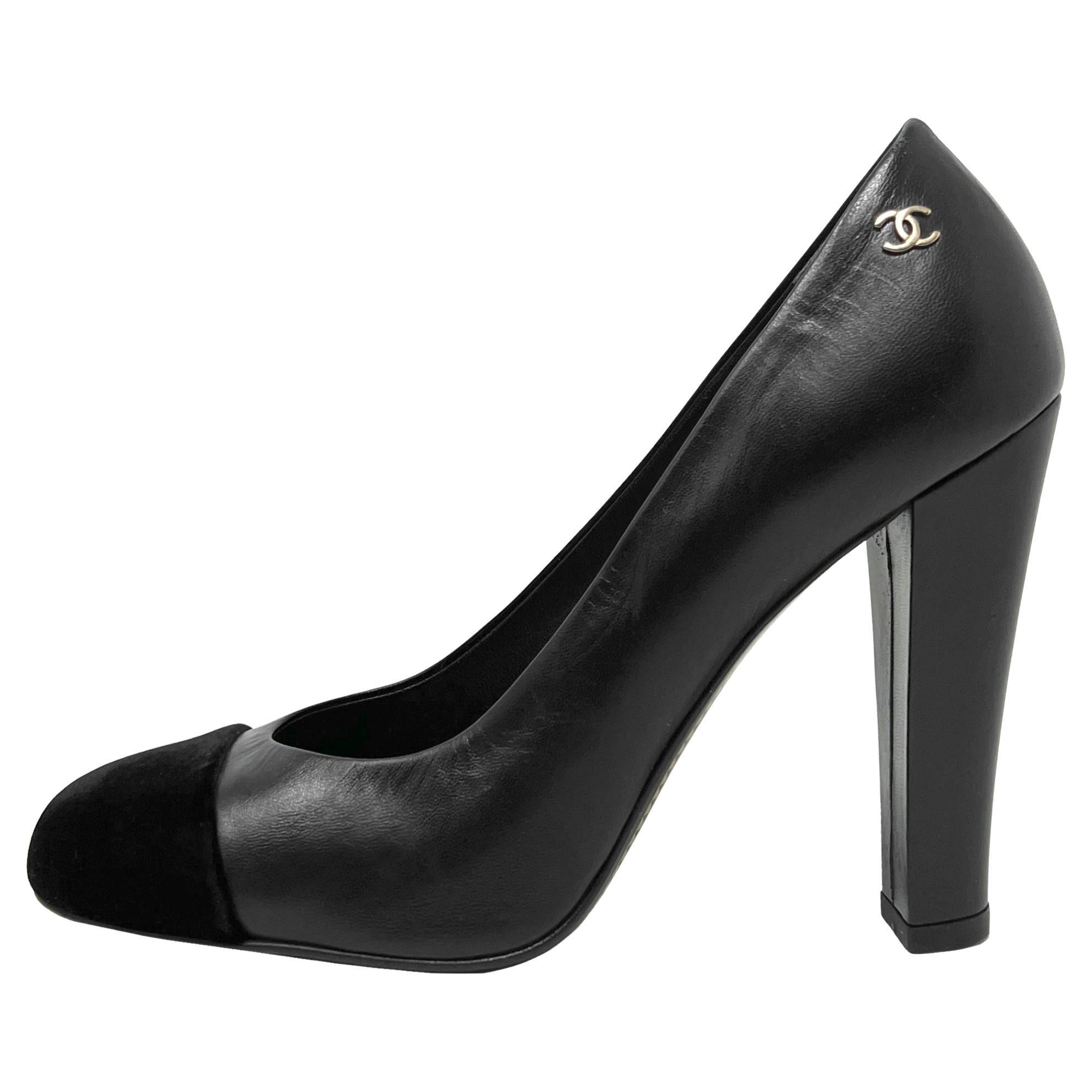 Chanel Black Leather Velour Cap Toe Heels Lagerfeld Era, Size 36.5