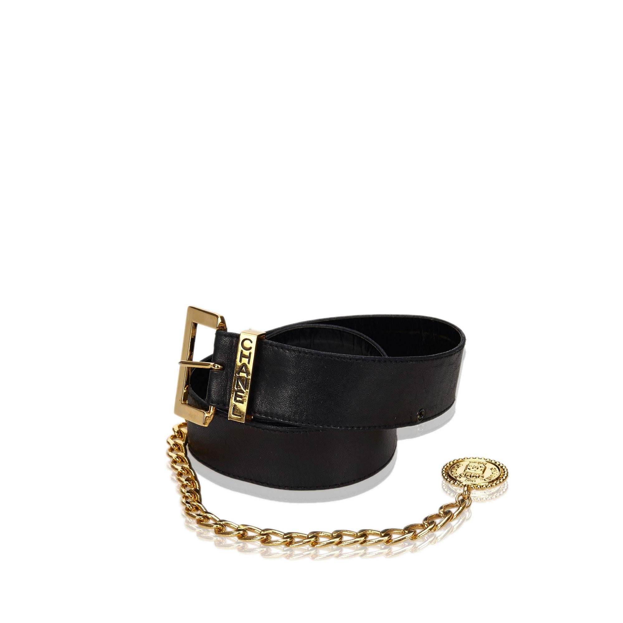 Women's or Men's Chanel Black Leather Waist Strap Gold-Toned Buckle and Chain Belt with Medallion