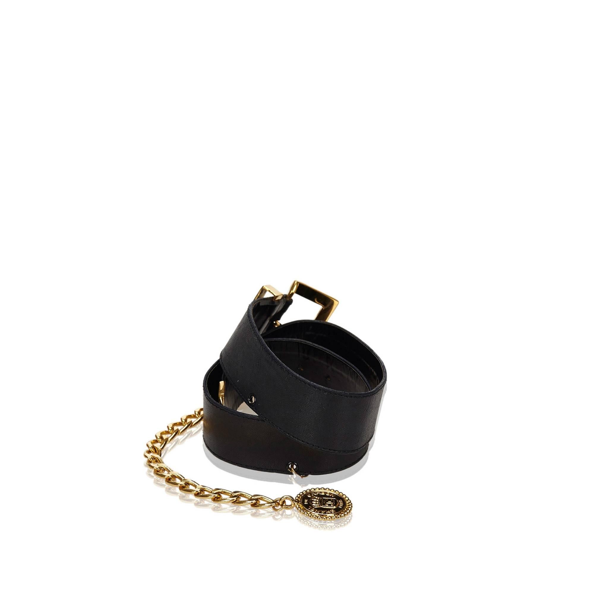 Chanel Black Leather Waist Strap Gold-Toned Buckle and Chain Belt with Medallion 1