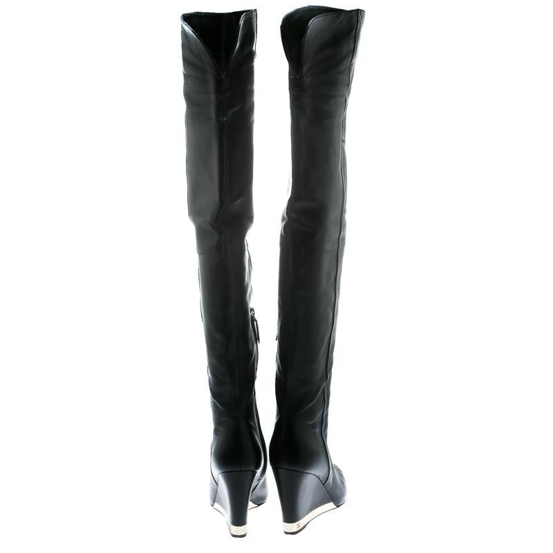 Chanel Black Leather Wedge Heel Over The Knee Boots Size 39.5 In Good Condition In Dubai, Al Qouz 2