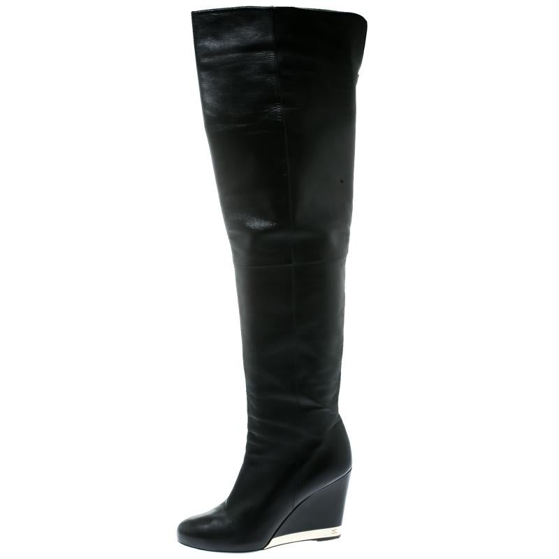 Chanel Black Leather Wedge Heel Over The Knee Boots Size 39.5 1